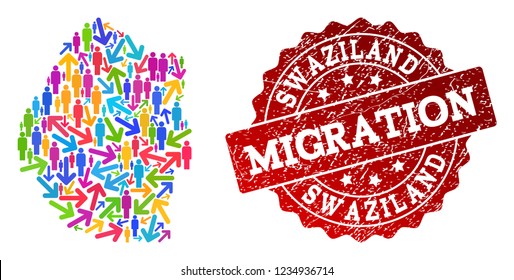 People migration traffic combination of mosaic map of Swaziland and unclean stamp. Mosaic map of Swaziland is constructed with multidirectional multicolored arrows and people.