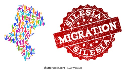 People migration traffic combination of mosaic map of Silesia Voivodeship and corroded seal. Mosaic map of Silesia Voivodeship is designed with multidirectional colored arrows and people.