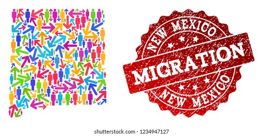 People migration traffic combination of mosaic map of New Mexico State and grunge seal stamp. Mosaic map of New Mexico State is constructed with multidirectional multicolored arrows and people.