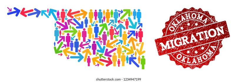 People migration traffic combination of mosaic map of Oklahoma State and unclean seal stamp. Mosaic map of Oklahoma State is designed with different colorful arrows and people.