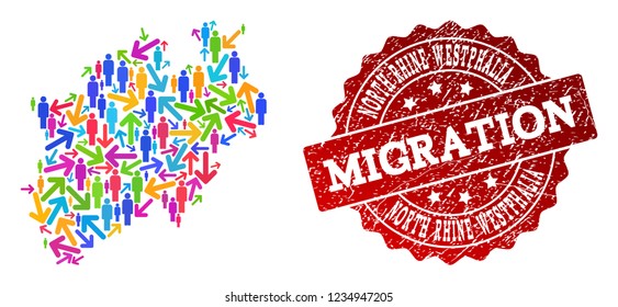 People migration traffic combination of mosaic map of North Rhine-Westphalia State and rubber seal.