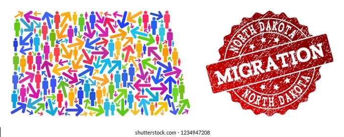 People migration traffic combination of mosaic map of North Dakota State and rubber seal. Mosaic map of North Dakota State is constructed with multidirectional colorful arrows and population.