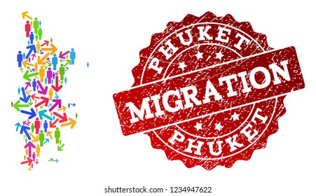 People migration traffic combination of mosaic map of Phuket and rubber seal stamp. Mosaic map of Phuket is constructed with multidirectional colorful arrows and population.
