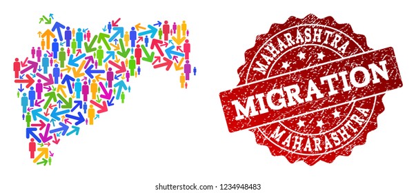 People migration traffic combination of mosaic map of Maharashtra State and grunge seal stamp. Mosaic map of Maharashtra State is constructed with multidirectional multicolored arrows and people.