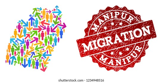 People migration traffic combination of mosaic map of Manipur State and grunge seal stamp. Mosaic map of Manipur State is designed with multidirectional multicolored arrows and people.