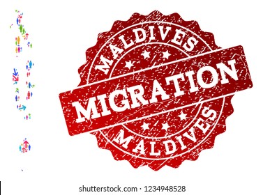 People migration traffic combination of mosaic map of Maldives and grunge seal stamp. Mosaic map of Maldives is designed with multidirectional colorful arrows and persons.