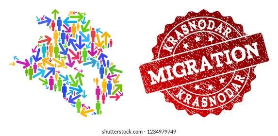 People migration traffic combination of mosaic map of Krasnodarskiy Kray and rubber seal stamp. Mosaic map of Krasnodarskiy Kray is designed with multidirectional colored arrows and men.