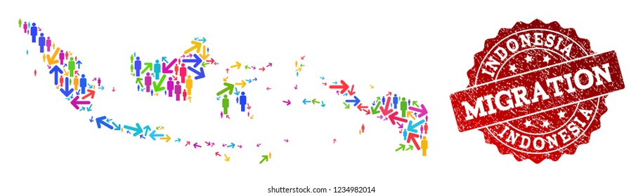 People migration traffic combination of mosaic map of Indonesia and rubber seal stamp. Mosaic map of Indonesia is designed with different bright colored arrows and persons.
