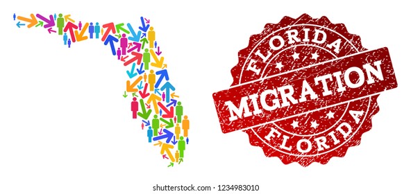 People migration traffic combination of mosaic map of Florida State and textured seal. Mosaic map of Florida State is designed with different bright colored arrows and people.