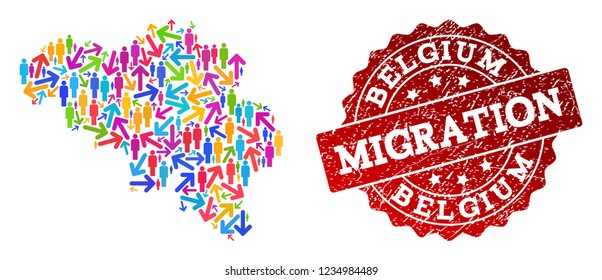 People migration traffic combination of mosaic map of Belgium and rubber stamp. Mosaic map of Belgium is designed with multidirectional colorful arrows and people.