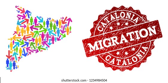 People migration traffic combination of mosaic map of Catalonia and rubber stamp. Mosaic map of Catalonia is designed with different colorful arrows and crowd.