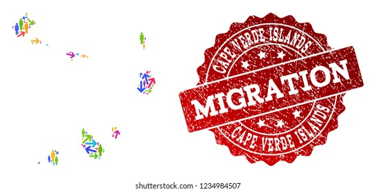 People migration traffic combination of mosaic map of Cape Verde Islands and rubber seal. Mosaic map of Cape Verde Islands is constructed with multidirectional multicolored arrows and people.
