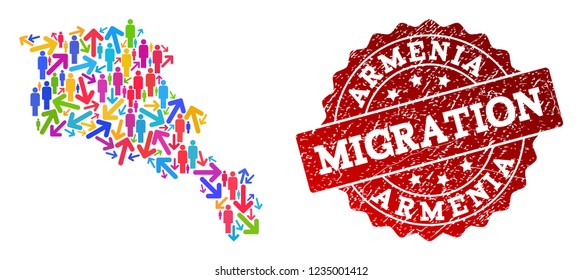People migration traffic combination of mosaic map of Armenia and grunge seal. Mosaic map of Armenia is constructed with multidirectional multicolored arrows and people.