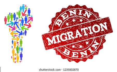 People migration traffic combination of mosaic map of Benin and unclean seal stamp. Mosaic map of Benin is designed with multidirectional colorful arrows and people.