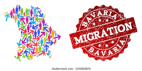 People migration traffic combination of mosaic map of Bavaria State and rubber seal stamp. Mosaic map of Bavaria State is designed with multidirectional bright colored arrows and crowd.