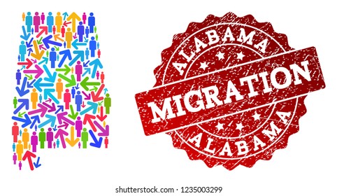 People migration traffic combination of mosaic map of Alabama State and rubber seal stamp. Mosaic map of Alabama State is designed with multidirectional multicolored arrows and people.