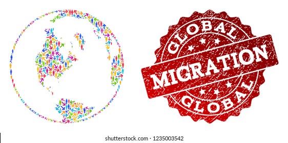 People migration traffic combination of mosaic global map of world and grunge seal. Mosaic global map of world is designed with different colorful arrows and people.