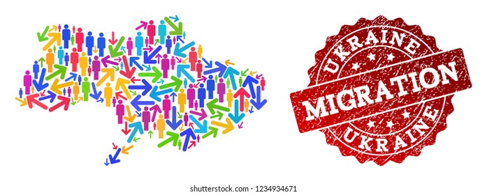 People migration traffic composition of mosaic map of Ukraine and rubber stamp. Mosaic map of Ukraine is constructed with multidirectional multicolored arrows and population.