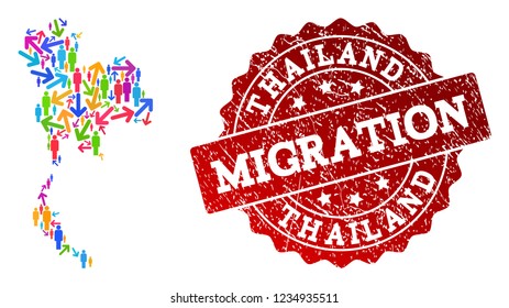 People migration traffic composition of mosaic map of Thailand and rubber stamp. Mosaic map of Thailand is designed with multidirectional colored arrows and people.