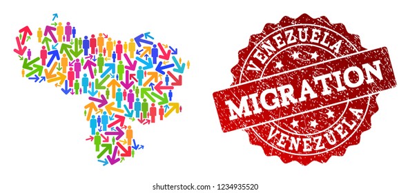 People migration traffic composition of mosaic map of Venezuela and corroded seal. Mosaic map of Venezuela is designed with multidirectional multicolored arrows and people.