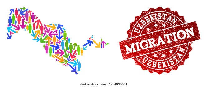 People migration traffic composition of mosaic map of Uzbekistan and unclean seal. Mosaic map of Uzbekistan is constructed with different colorful arrows and persons.