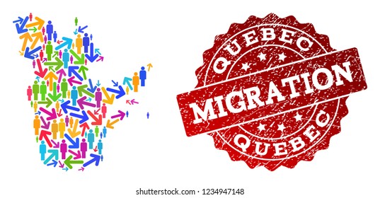 People migration traffic composition of mosaic map of Quebec Province and rubber stamp. Mosaic map of Quebec Province is designed with multidirectional colorful arrows and people.
