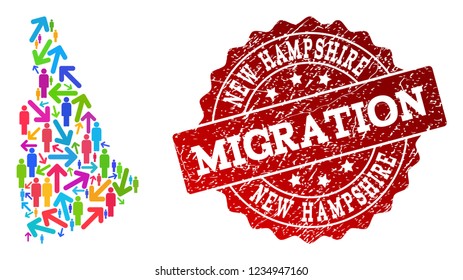 People migration traffic composition of mosaic map of New Hampshire State and unclean seal stamp. Mosaic map of New Hampshire State is designed with multidirectional colorful arrows and people.
