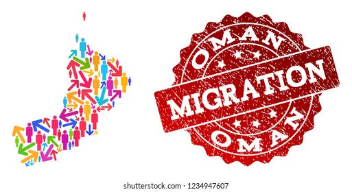 People migration traffic composition of mosaic map of Oman and scratched seal. Mosaic map of Oman is constructed with multidirectional multicolored arrows and people.