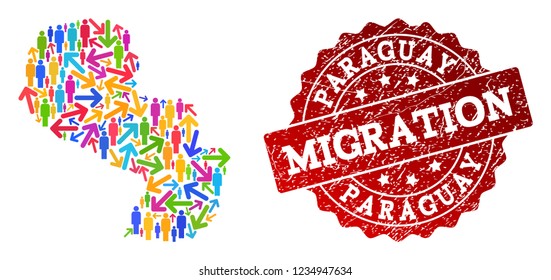 People migration traffic composition of mosaic map of Paraguay and dirty seal stamp. Mosaic map of Paraguay is designed with multidirectional bright colored arrows and people.