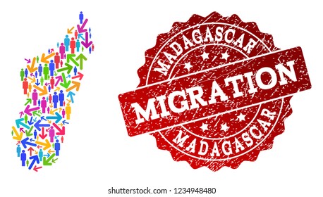 People migration traffic composition of mosaic map of Madagascar Island and corroded seal stamp. Mosaic map of Madagascar Island is designed with multidirectional bright colored arrows and crowd.
