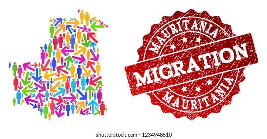 People migration traffic composition of mosaic map of Mauritania and dirty seal stamp. Mosaic map of Mauritania is designed with different bright colored arrows and people.