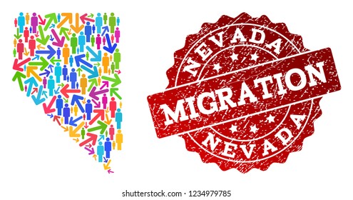 People migration traffic composition of mosaic map of Nevada State and rubber stamp. Mosaic map of Nevada State is designed with different bright colored arrows and people.