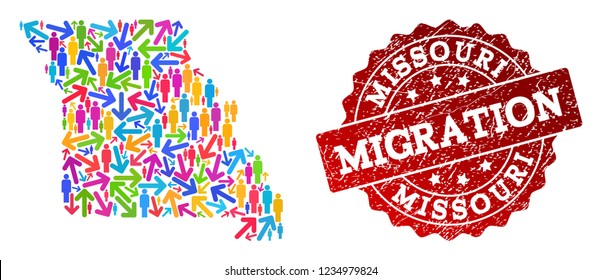 People migration traffic composition of mosaic map of Missouri State and dirty seal. Mosaic map of Missouri State is constructed with multidirectional multicolored arrows and persons.