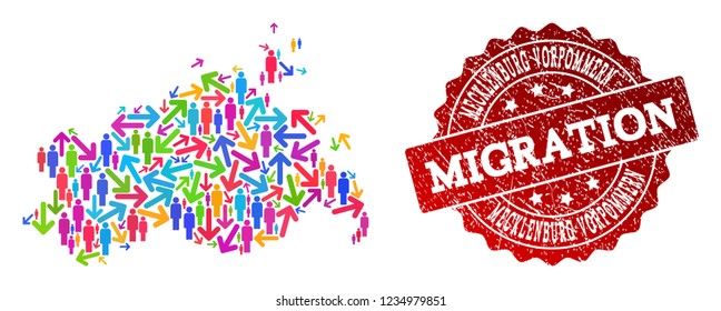 People migration traffic composition of mosaic map of Mecklenburg-Vorpommern State and grunge seal.
