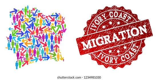 People migration traffic composition of mosaic map of Ivory Coast and rubber stamp. Mosaic map of Ivory Coast is constructed with multidirectional colorful arrows and people.