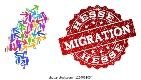 People migration traffic composition of mosaic map of Hesse State and unclean seal stamp. Mosaic map of Hesse State is constructed with different bright colored arrows and population.