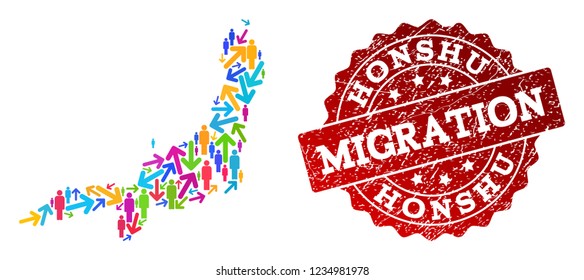 People migration traffic composition of mosaic map of Honshu Island and scratched stamp. Mosaic map of Honshu Island is constructed with multidirectional colorful arrows and population.