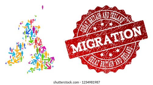 People Migration Traffic Composition Of Mosaic Map Of Great Britain And Ireland And Grunge Stamp.