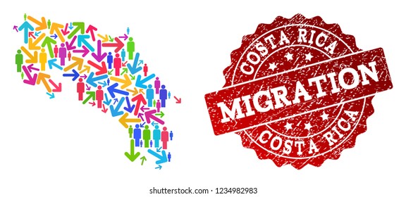People migration traffic composition of mosaic map of Costa Rica and rubber stamp. Mosaic map of Costa Rica is constructed with different colorful arrows and population.
