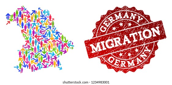 People migration traffic composition of mosaic map of Germany and grunge seal. Mosaic map of Germany is constructed with multidirectional colorful arrows and men.