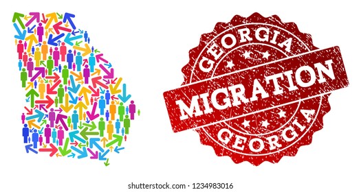 People migration traffic composition of mosaic map of Georgia State and rubber stamp. Mosaic map of Georgia State is designed with different bright colored arrows and people.