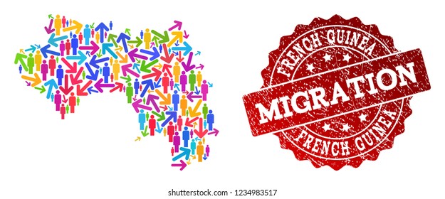 People migration traffic composition of mosaic map of French Guinea and rubber seal. Mosaic map of French Guinea is constructed with different colored arrows and men.