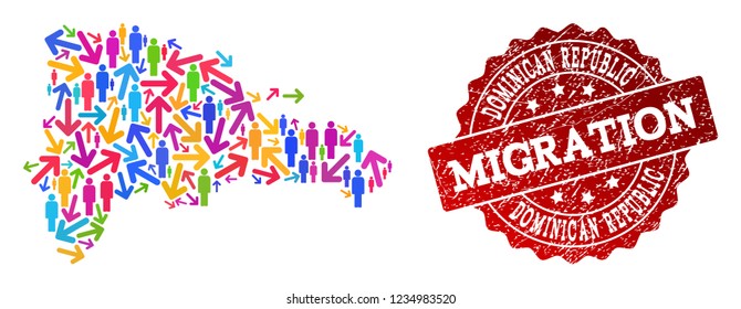 People migration traffic composition of mosaic map of Dominican Republic and corroded stamp. Mosaic map of Dominican Republic is designed with different colorful arrows and people.