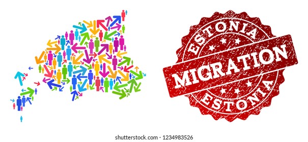 People migration traffic composition of mosaic map of Estonia and rubber seal. Mosaic map of Estonia is constructed with different multicolored arrows and crowd.