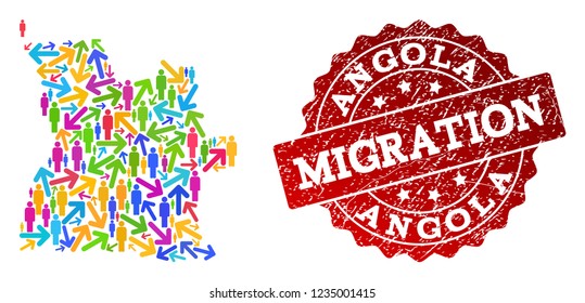 People migration traffic composition of mosaic map of Angola and grunge seal. Mosaic map of Angola is constructed with multidirectional bright colored arrows and people.