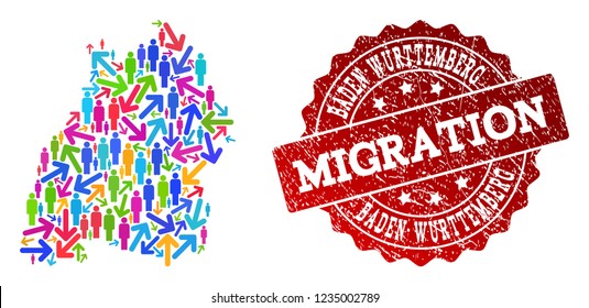 People migration traffic composition of mosaic map of Baden-Wurttemberg State and corroded seal.