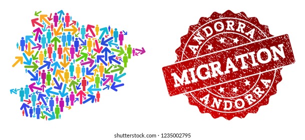 People migration traffic composition of mosaic map of Andorra and unclean stamp. Mosaic map of Andorra is constructed with different bright colored arrows and people.