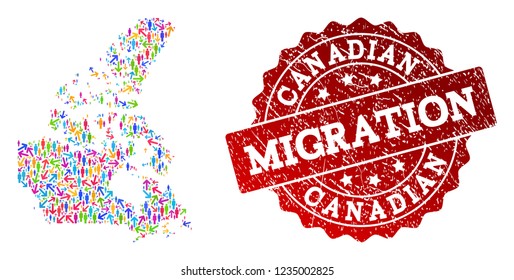 People migration traffic composition of mosaic map of Canada and rubber stamp. Mosaic map of Canada is designed with different colored arrows and people.