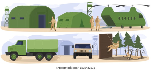 People in military base camp, soldiers training in army, boot camp exercises, vector illustration. Military transport, truck and helicopter, infantry soldiers in camouflage uniform. Tactical air base