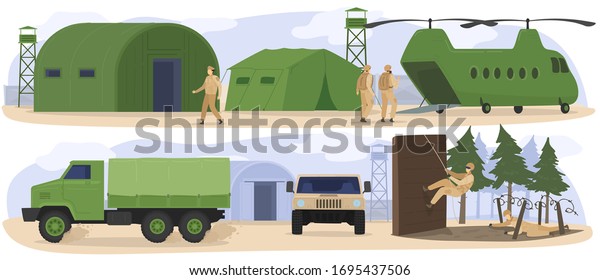 People in military base camp, soldiers training in\
army, boot camp exercises, vector illustration. Military transport,\
truck and helicopter, infantry soldiers in camouflage uniform.\
Tactical air base